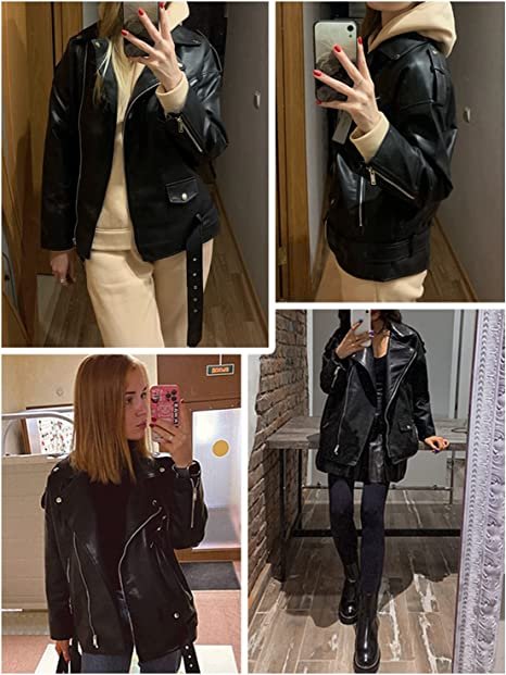 Women Faux Leather Jacket Lapel Collar Motorcycle Zip Up Long Sleeve Motor Biker Short Coat Jacket