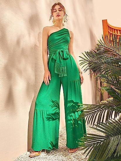 Women's Solid One Shoulder Sleeveless Belted Wide Leg Pants Jumpsuit