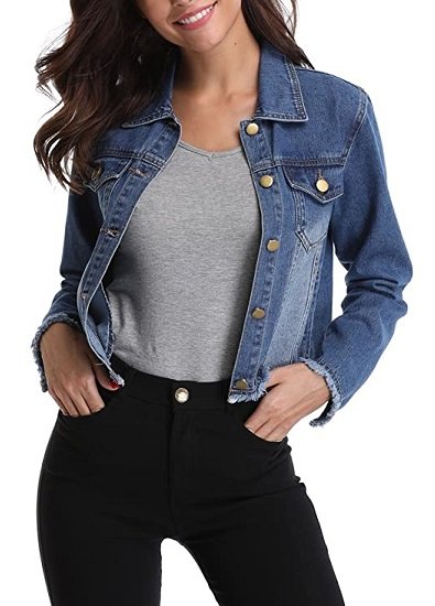 Women’s Frayed Washed Button Up Cropped Denim Jacket