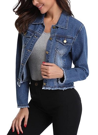 Women’s Frayed Washed Button Up Cropped Denim Jacket