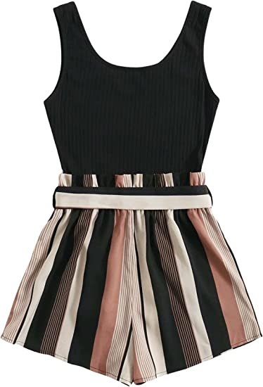 Women's Summer Sleeveless Striped Belted Tank Romper Short Jumpsuit