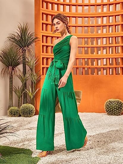 Women's Solid One Shoulder Sleeveless Belted Wide Leg Pants Jumpsuit