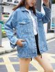 Women's Oversized Mid Long Denim Jacket Jean Biker Coat